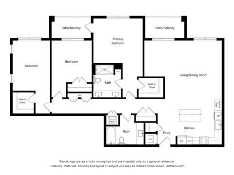 A floor plan of a house with two bedrooms, a living/dining room, a kitchen, a primary bedroom, and bathrooms.